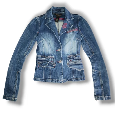Rocawear Women's Small Blue Biker Denim Jean Jacket Long Sleeve 2 Button pockets - Image 1 of 4