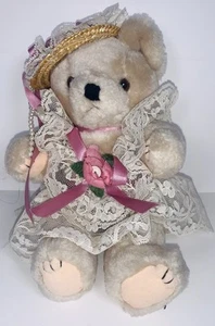 Victorian Bear – Lace Dress, Pink Ribbon, Straw Hat 10” Articulated Vintage - Picture 1 of 7