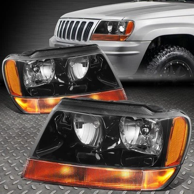 FOR 99-04 JEEP GRAND CHEROKEE WJ BLACK HOUSING AMBER CORNER HEADLIGHT HEADLAMPS - Image 1 of 4