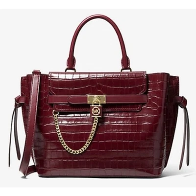 Michael Kors Hamilton Legacy Crocodile Embossed Leather Belted Satchel Burgundy - Image 1 of 4
