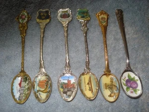 VINTAGE LOT OF 6 COLLECTIBLE ENAMEL SOUVENIR SPOONS (INTERNATIONAL) - Picture 1 of 6