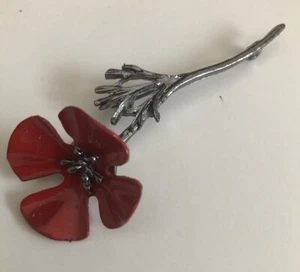 Poppy Stick Lapel Pin Red Flower & Silver Tone Metal Circle Clasp 3 inches - Picture 1 of 4