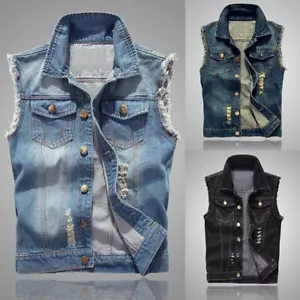 Zerrissene Jeansweste Für Herren Jeansmantel Freizeitjacke Kragen Ärmelloses % - Bild 1 von 17