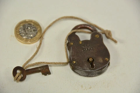 Antique Steel Padlock Brass FITTINGS Key  Marked ENGLISH MAKE Cover