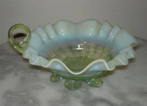 English Art Glass Vaseline Opalescent Handled Sweet Meat Nappy or Olive Dish - Picture 1 of 2