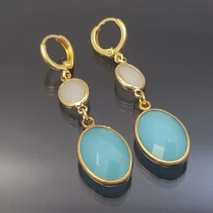 18K Gold Filled Stunning Italian Blue Aragonite 18ct GF Drop Earrings 55mm - Picture 1 of 9