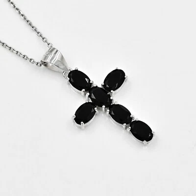 Colgante Cruz Santa Espinela Negra Natural Plata de Ley 925 Piedra de Nacimiento de Enero Foto 1 de 4