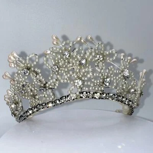 Vintage 1950s white wax faux pears glass rhinestones bridal wedding crown tiara - Picture 1 of 10