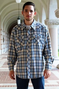 Vintage 1970s H Bar C Ranchwear Flannel Shirt Blue Plaid Shacket 18-35 Men - Picture 1 of 6