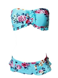 Seafolly Vintage Rococco Rose Frilly Bikini Set Size 10 Sky Blue - Picture 1 of 6