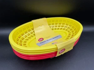 TableCraft Set of 6 Classic Plastic Baskets 3 Yellow 3 Red Oval 9 3/8" x 6" USA - Picture 1 of 5