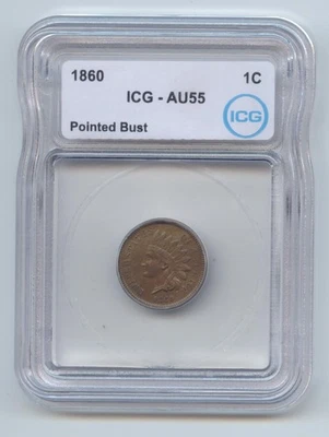 1860 Indian Head Cent, ICG AU-55, Pointed Bust - Image 1 of 2