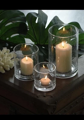 Hurricane Glass Candle Holders Set, Pillar Votive,Clear Seeded Bubbles Cylind... - Image 1 of 4