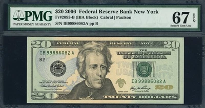 Fr. 2093-B (IBA Block) 2006 $20 New York  Bank Note PMG Superb Gem Unc 67 EPQ - Image 1 of 2