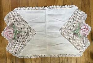 Vintage White Embroidered Pink Stem Rose Table Doily Runner Crocheted Lace 14x24 - Picture 1 of 2