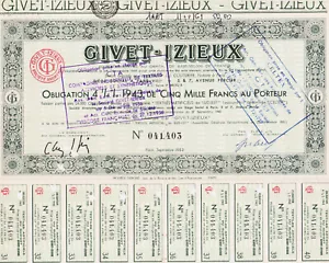 GIVET IZIEUX - OBLIGATION 4 1/4 % 1943 de 5000 FRANCS - 1953 - FRANCE - Imagen 1 de 2