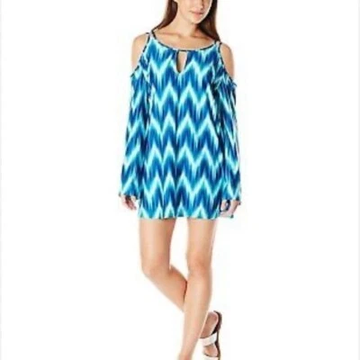 La Blanca Blue Wave Strappy Mini Long Sleeves Swimsuit Beach Cover Up Dress XS - Imagem 1 de 4