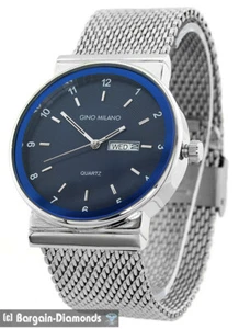 Mens Silver Business Clubbing Calendar Watch Blue Dial Mesh Strap Up to 9" Wrist - Picture 1 of 5