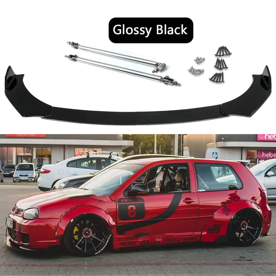 Front Bumper Spoiler Splitter Lip/Glossy BLK /Strut Rods For Volkswagen Golf MK4 Foto 1 de 4