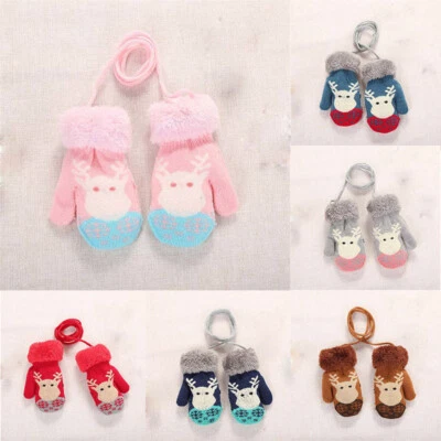 Winter Warm Gloves Kids Toddlers Boys Girls Fur Gloves Neck String Mittens B2X - Image 1 of 4