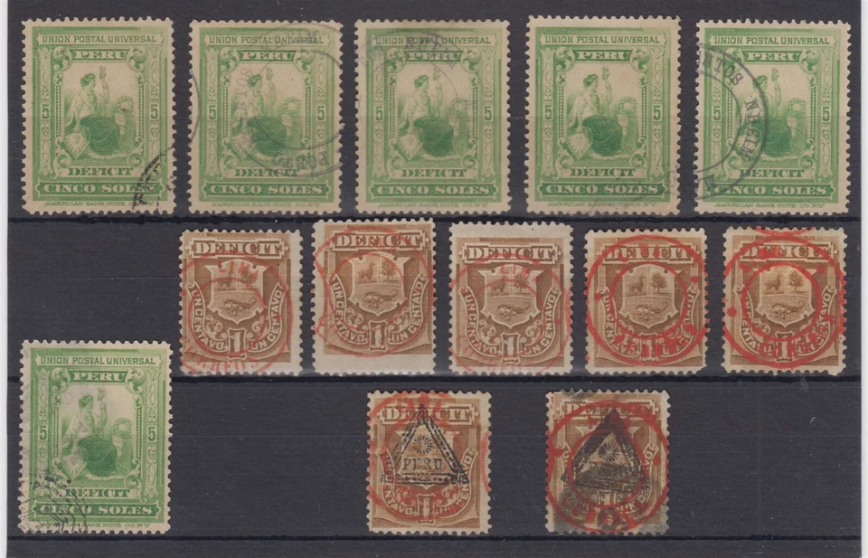 PERÚ 1881-89 FRANQUEO DEBIDO SC J11. J27 J34 (13x) TONOS COMO NUEVOS, SIN USAR Y USADOS SCV $150+ Foto 1 de 1
