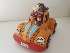 Peruvian Clay Terracotta Folk Art Taxi w/People Sculpture Handmade Handpainted - Picture 1 of 11