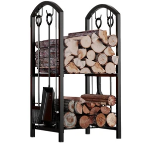 Fireplace Firewood Log Rack 5-Piece Storage Logs Holder with Tools Set with 4 To - Picture 1 of 6