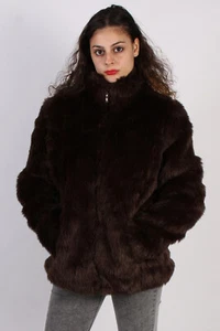 Fun Faux Fur Coat Outfit Jacket Women 70's Vintage Brown Size L -C663 - Picture 1 of 4