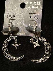 Cosmic Aura Silvertone Moon Earrings Star Rhinestones Gray Crystal (Lot# 445) - Picture 1 of 4
