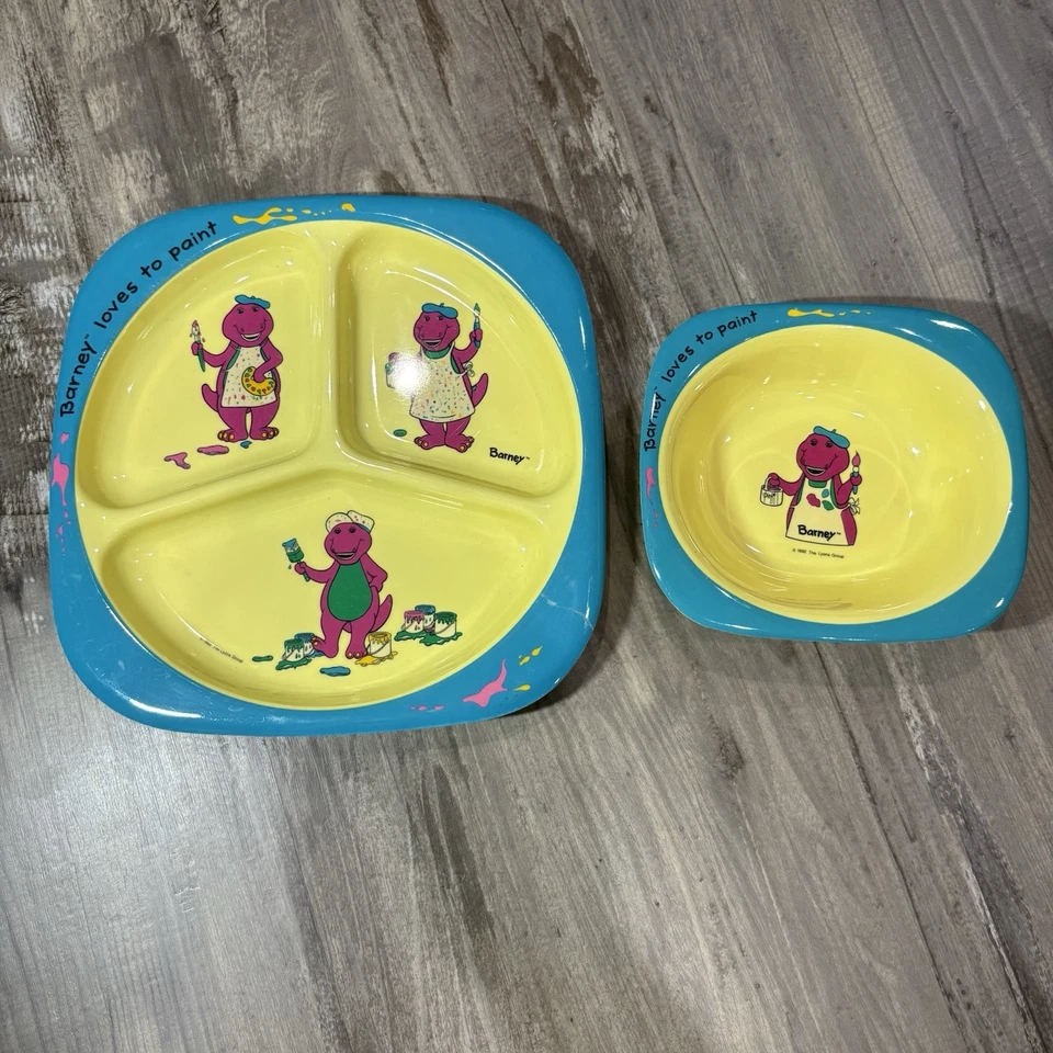  Juego de vajilla de melamina vintage Barney The Purple Dinosaur Kids 2 piezas 1992 Foto 1 de 4