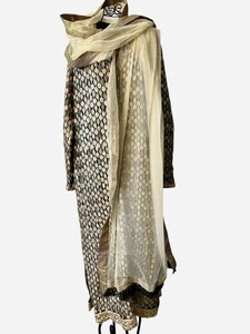 Vtg 70s Metallic Kaftan Dress & Scarf Shimmering Gold, Silver & Copper Black L - Picture 1 of 24