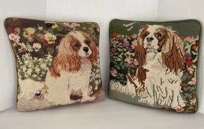 Vintage Needlework Tapestry Pillows King Charles Spaniel Cavalier  Dog Pillows - Image 1 of 4