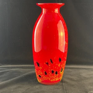 Art Glass Vase Red with Gold Speckles and Black Dots 12" Tall - Picture 1 of 8