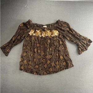 Savanna Jane Blouse Women M Brown Snake Skin Embroidered Floral Peasant Top - Picture 1 of 11