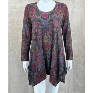Soft Surroundings Top Women Medium Dark Floral Paisley Knit Tunic Hanky Hem Boho - Picture 1 of 9