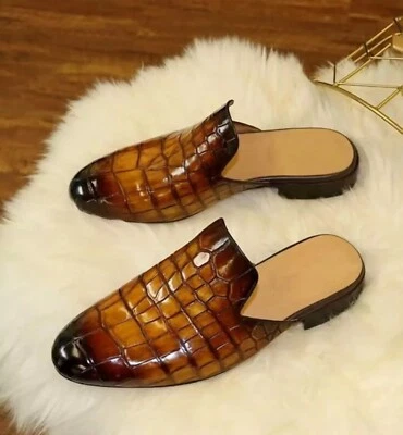 Genuine Handmade Brown Alligator Pattern Leather Mules Men Dress Slippers - Image 1 of 4