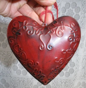 Red Distressed Metal Tin Hanging Embossed Hearts - 4.75" length - Picture 1 of 6