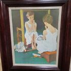 Vintage Norman Rockwell Girl In Mirror Wooden  Matted Frame On Canvas 14 x 11