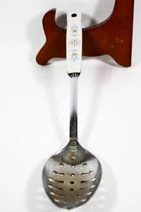 VTG EKCO White Dutch Tulip Floral Handle Chromium Plated 11 3/4" Slotted Spoon - Picture 1 of 3