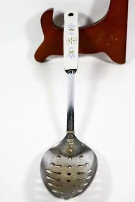 VTG EKCO White Dutch Tulip Floral Handle Chromium Plated 11 3/4" Slotted Spoon - Image 1 of 3