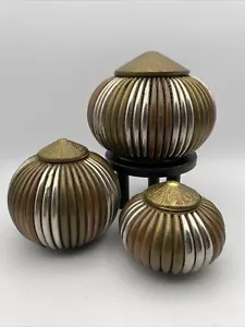 Vintage Midcentury Brass, Copper & Chrome Lidded Trinket Containers Set Of 3 - Picture 1 of 12