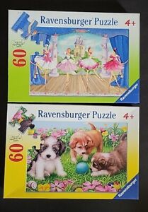 2 Ravensburger 60 Piece Puzzles 2008 FAIRYTALE BALLET & LITTLE DOGGIES Dogs Kids
