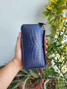 Blue 100%  Real Genuine EXOTIC Body Leather Skin Men's Long Wallets-Handmade - Picture 1 of 11