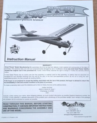 Great Planes PT-20 & PT-40 20 40 Size Manual Instruction Book PT60P03 New! OEM - Image 1 of 4