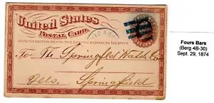 1874 UX3 Chicago IL Blue 4-Bar Fancy CCL to Springfield IL - Picture 1 of 2