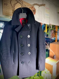 Black Schott P Coat Leather Piping Red Lining Melton Wool - Picture 1 of 7