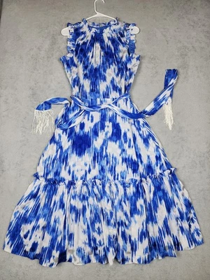 Tahari Arthur S Levine Dress Womens 10 Blue White Ruffle Belted Sleeveless Midi - Image 1 of 4