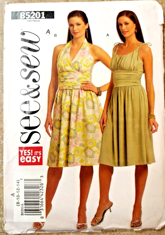 NEW Butterick See & Sew B5201 Misses Dress Sizes 8-10-12-14 Lined Bodice, Straps - Image 1 of 4