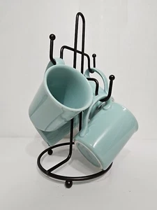 Vintage Corning Ware Coffee Mugs Turquoise Aqua Sea Foam Green Teal Cup & Stand - Picture 1 of 11