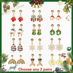 Choose 2 pair Christmas Drop Dangle Hook Earrings Enamel Women Crystal Stud Gift - Picture 1 of 17